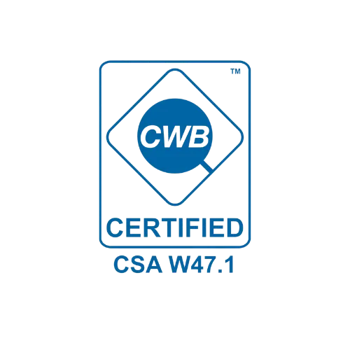 Canadian Welding Bureau certification badge at Jeff and Simon Ironworks fabrication shop in Burnaby BC