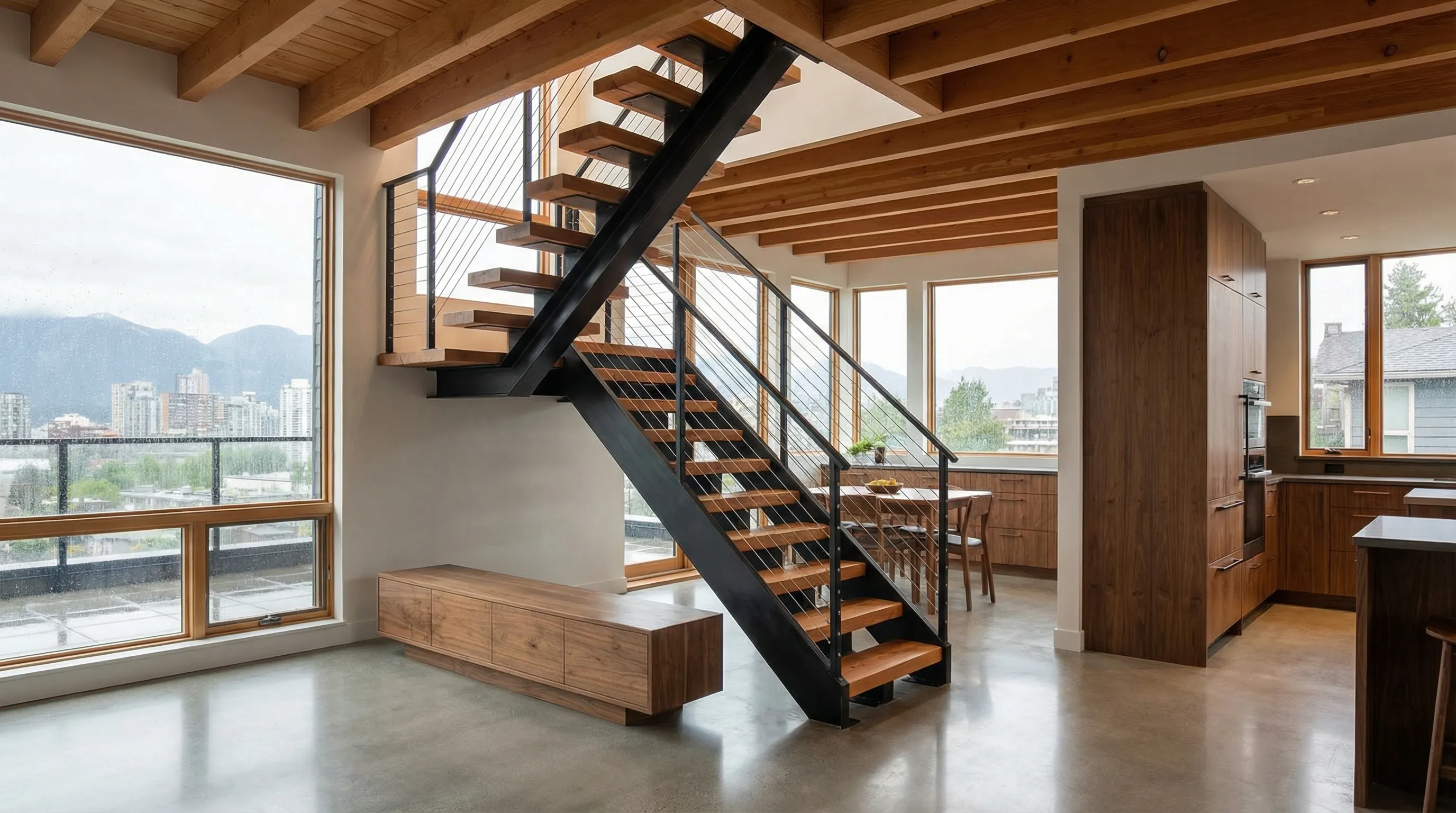 Modern Vancouver interior with blackened steel mono stringer staircase, open wood treads, and cable railing