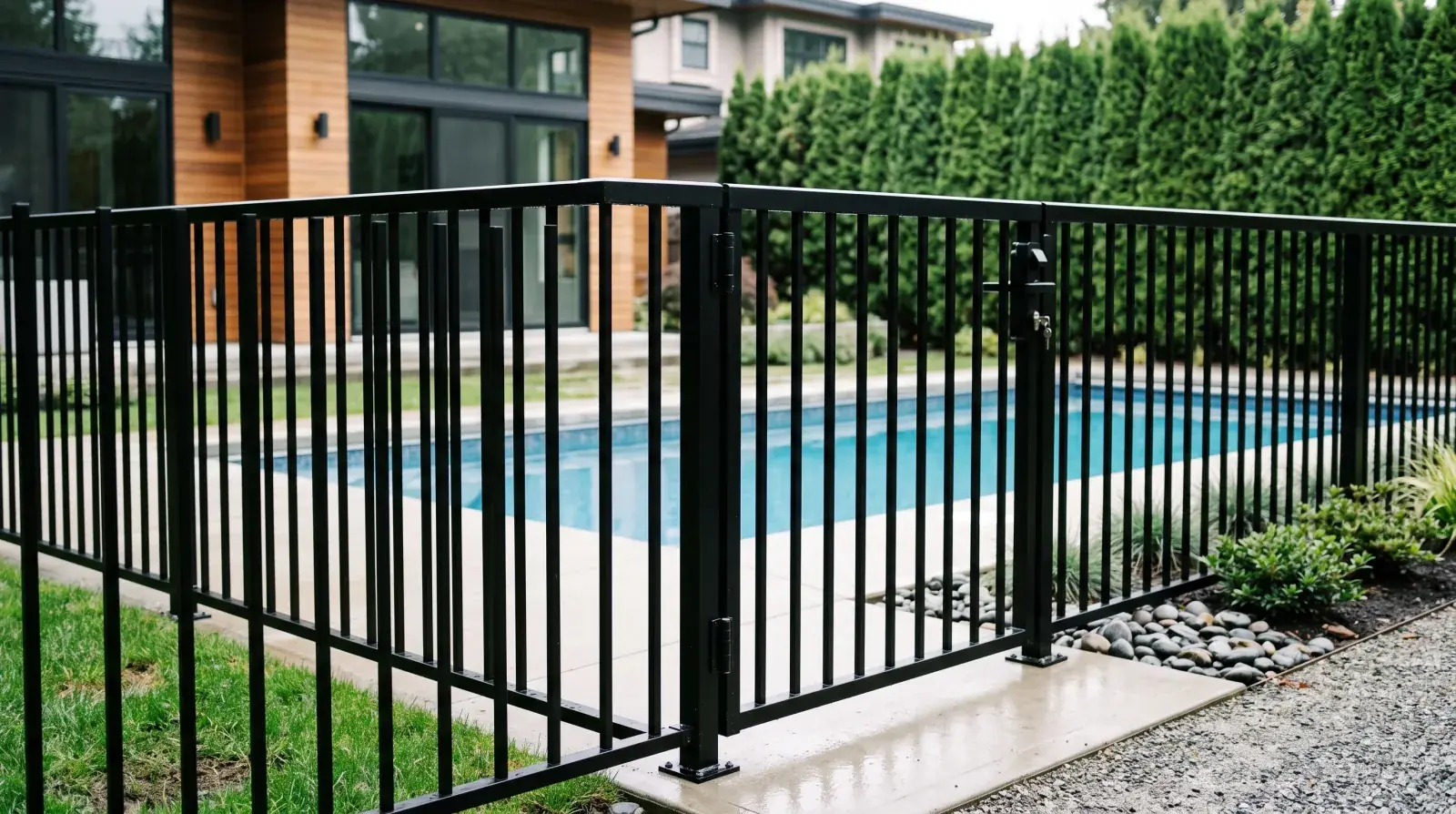 Modern black powder-coated aluminum fence with slim vertical pickets enclosing a backyard pool at a Vancouver home, with a matching self-latching aluminum pool gate