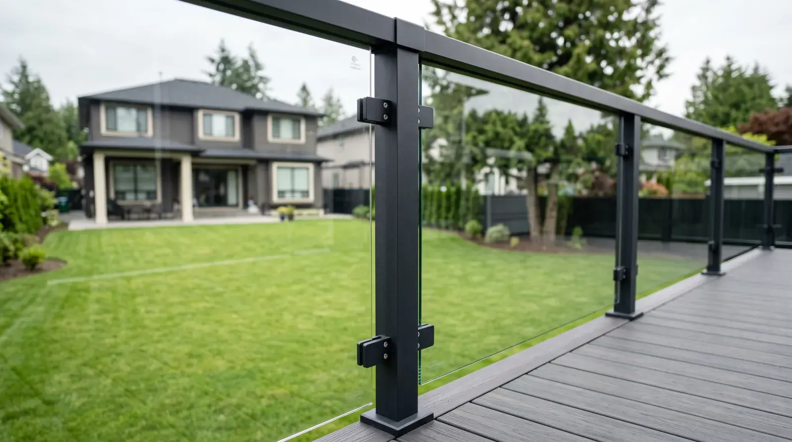 Modern aluminum-framed glass railing on a Langley backyard deck, dark powder-coated aluminum posts and top rail holding clear tempered glass infill panels above a green lawn