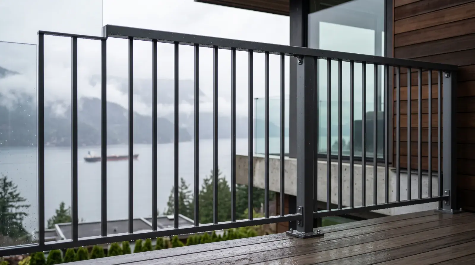 Modern satin powder-coated aluminum guard railing with thin vertical pickets on a contemporary North Vancouver deck overlooking Burrard Inlet and the North Shore mountains in coastal mist