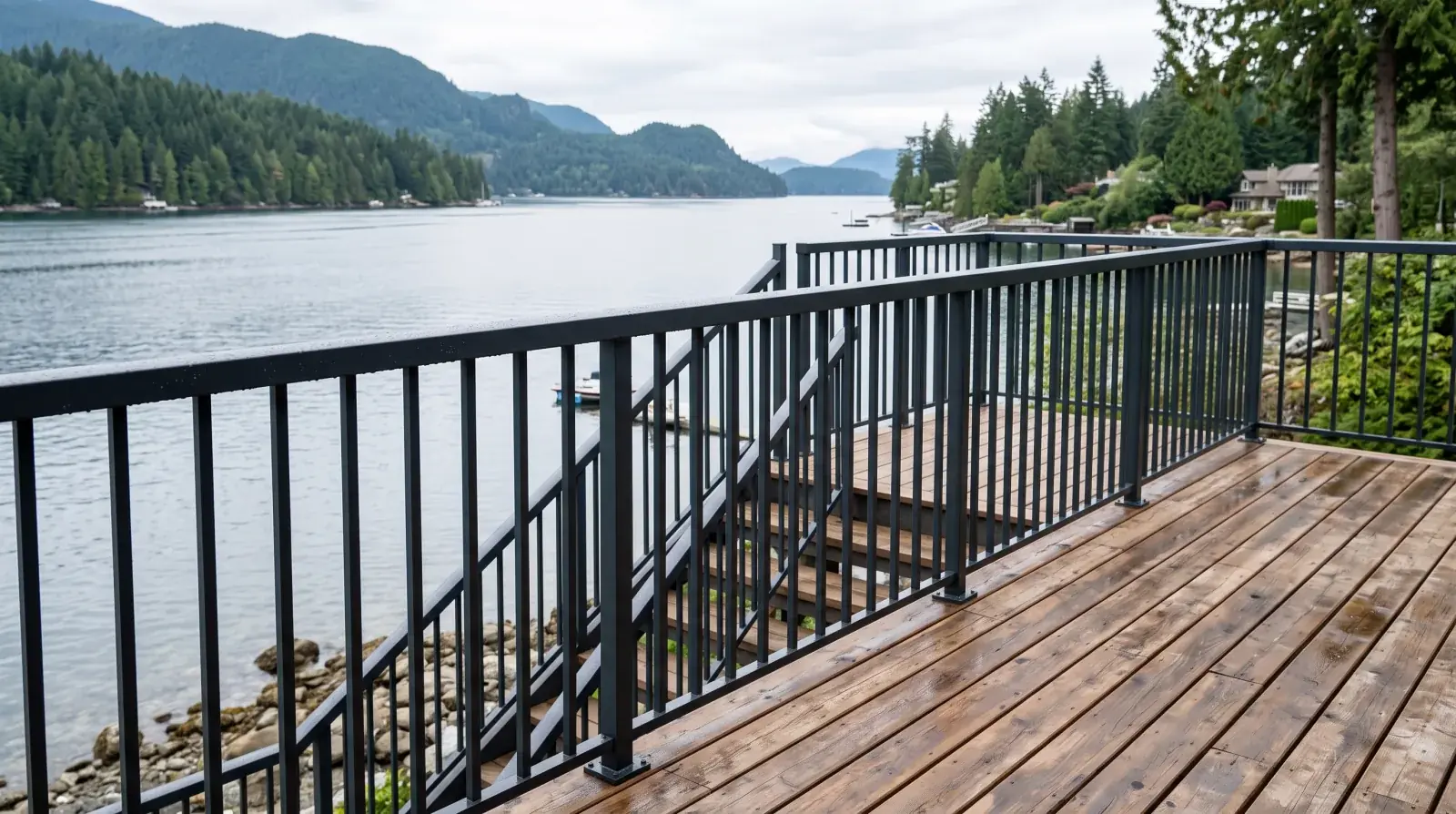 Modern dark powder-coated aluminum deck and stair railing with slim vertical pickets on a waterfront Port Moody home deck beside Burrard Inlet, calm water and forested shoreline behind