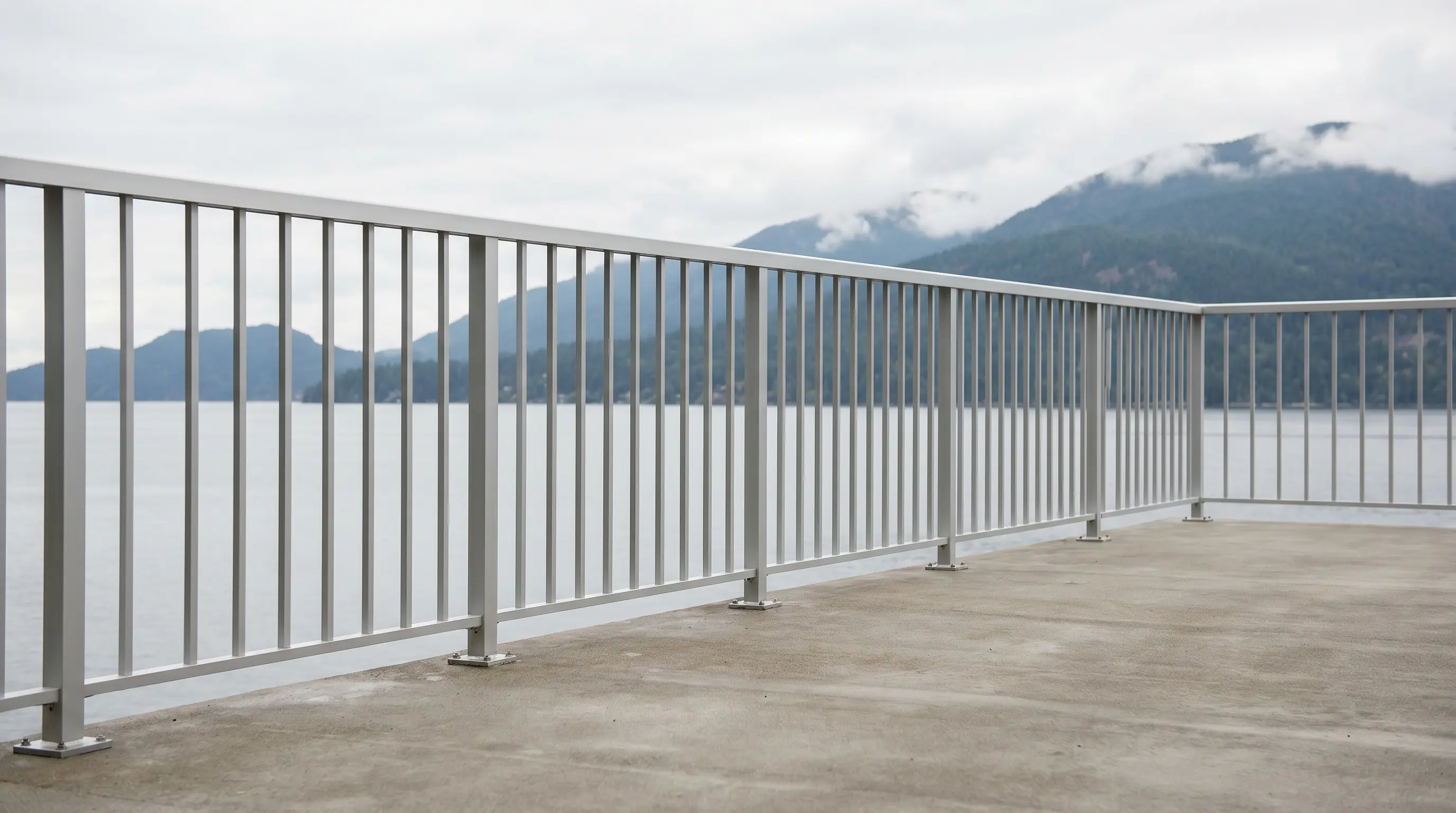 Modern satin-anodized aluminum guard railing with thin vertical pickets on a contemporary West Vancouver concrete deck overlooking Burrard Inlet, North Shore mountains in soft overcast Pacific Northwest light