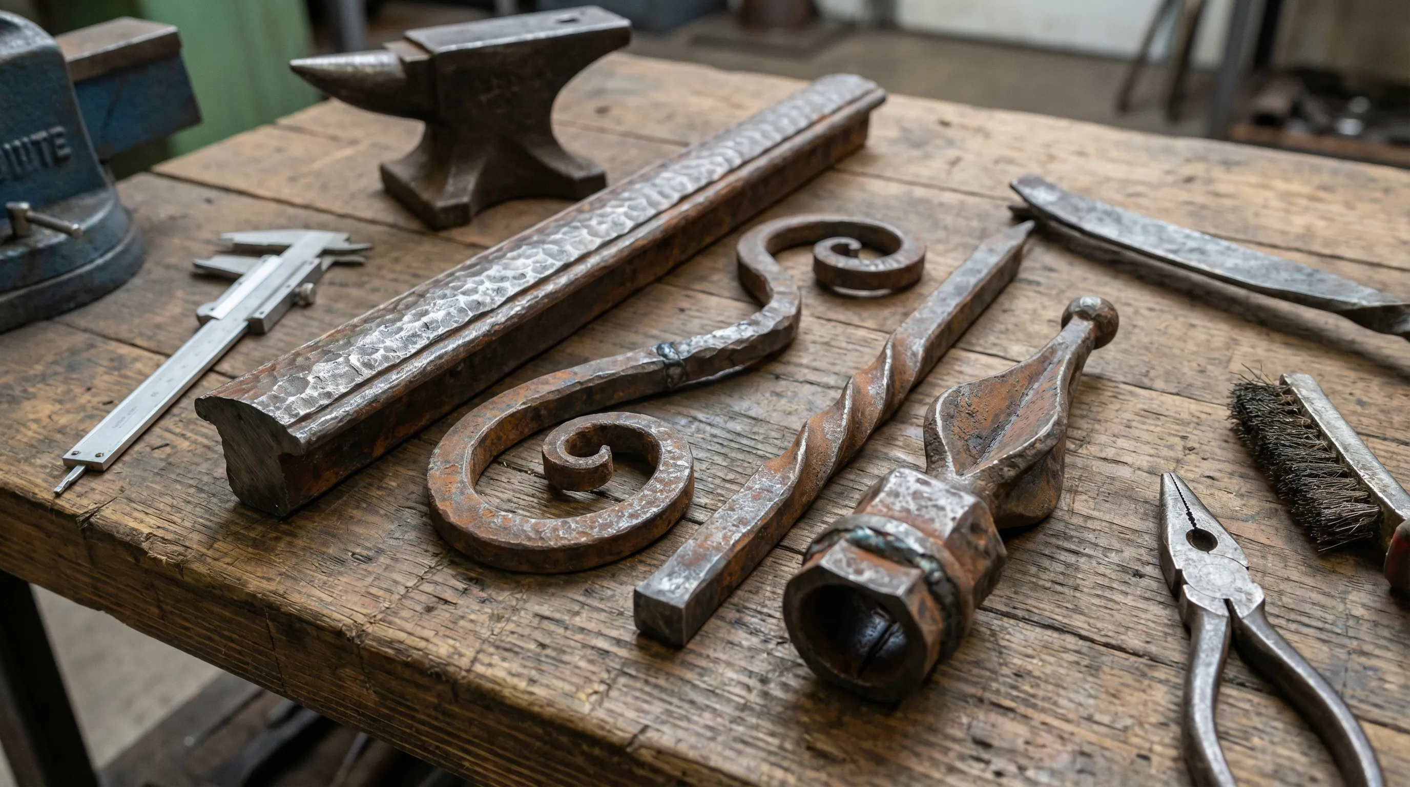A collection of hand-forged iron railing components laid out on a workshop bench