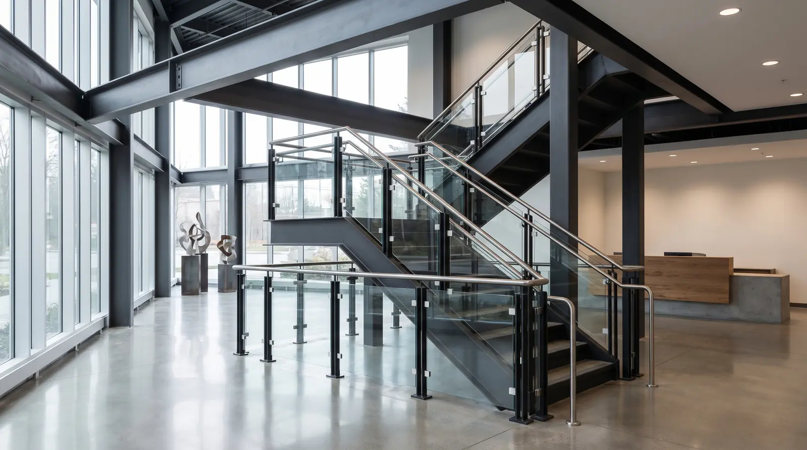Renovated staircase in a Vancouver home with new blackened steel stringer, glass railing, and refinished hardwood treads