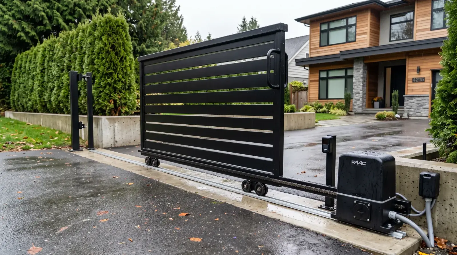Modern black powder-coated automatic sliding driveway gate with a horizontal slat panel, roller track, gate operator motor box, and photo-eye safety sensor at a Burnaby home on a wet overcast morning