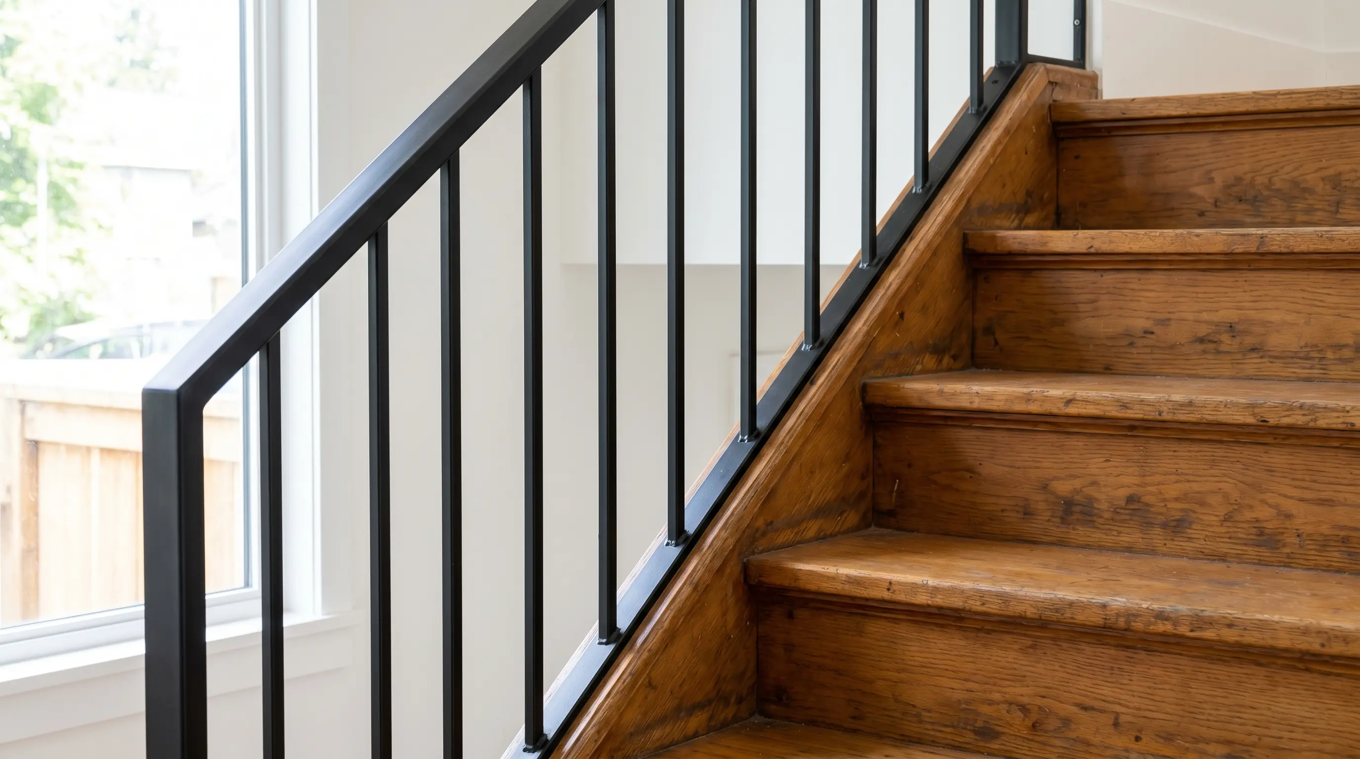 New matte-black powder-coated steel banister with thin square pickets installed alongside an existing weathered oak hardwood staircase in a Metro Vancouver home, late-morning daylight