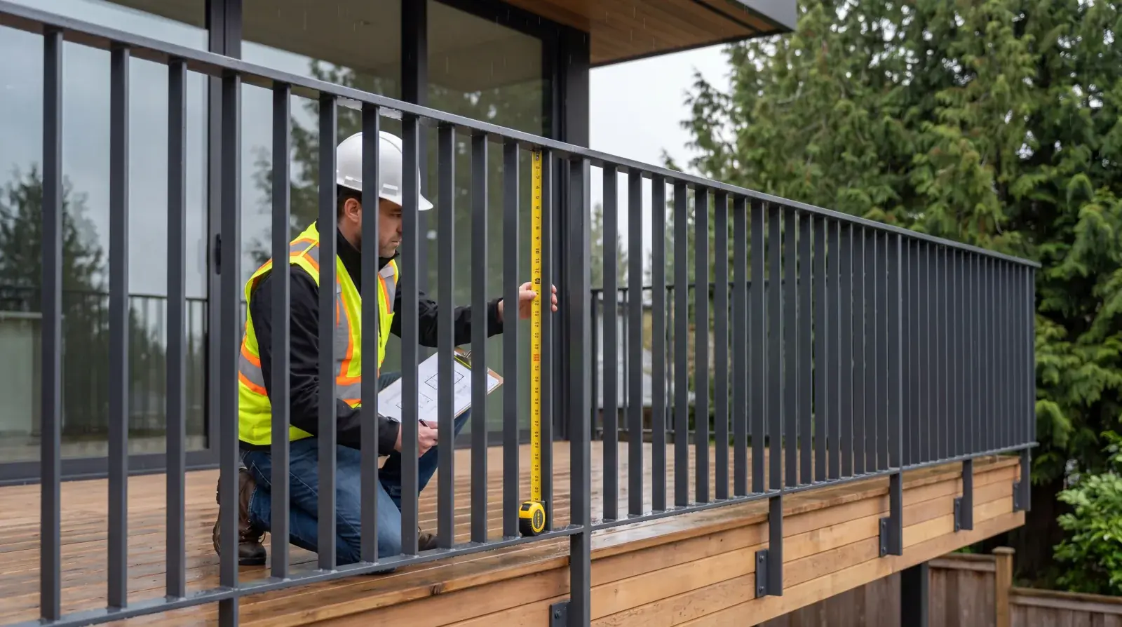 Commercial glass and metal railing installation meeting BC Building Code requirements