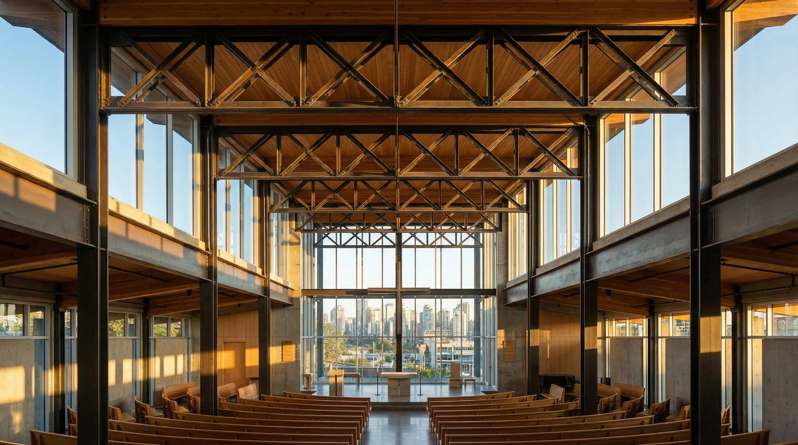 Interior view of Herman Church in Vancouver showing custom structural steel trusses and bracing above the sanctuary