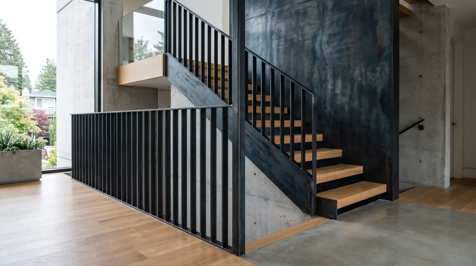 Blackened steel patina railing and hot-blued steel feature wall in a modern Vancouver interior