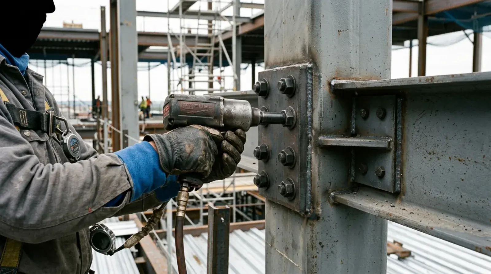 Ironworker installing high-strength bolts at a steel beam-to-column connection on a commercial site in Vancouver
