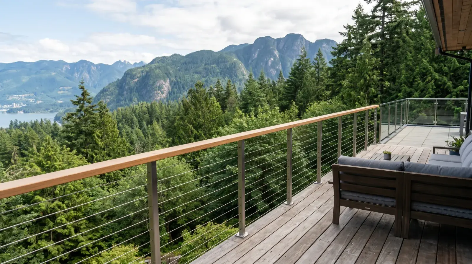 Modern horizontal cable railing on a North Vancouver deck with stainless steel posts and tensioned cables