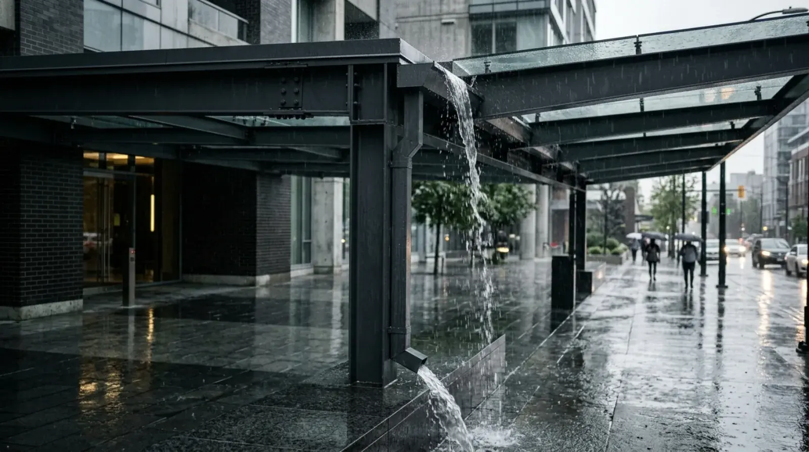 Rainwater draining from an internal gutter through a steel canopy column downspout during Vancouver rain