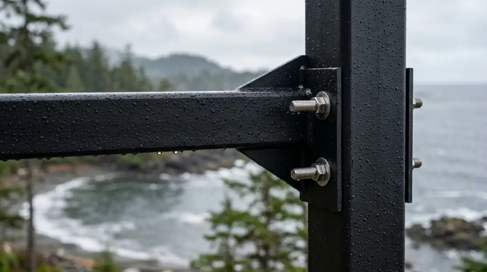Hot-dip galvanized and powder-coated steel canopy frame shedding rain over a commercial entrance in coastal British Columbia