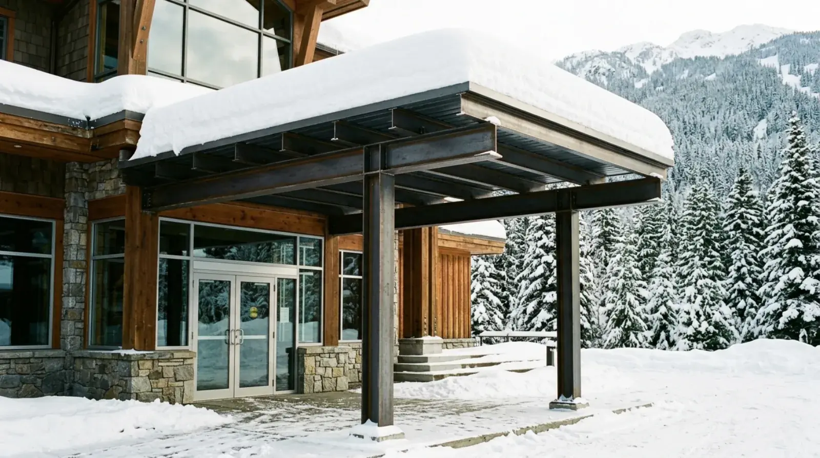 Snow accumulated on a flat steel canopy below the taller wall of a commercial building in British Columbia