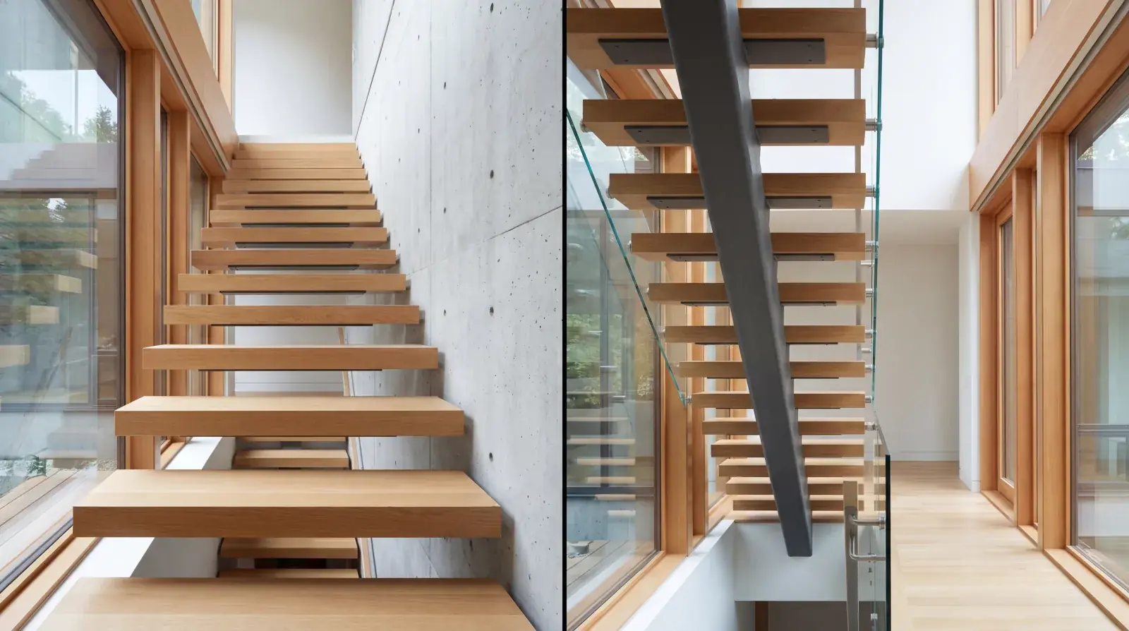 Mono stringer staircase being installed in a Vancouver home, single central steel beam with cantilevered wood treads, for comparison with cantilevered wall-anchored staircase systems
