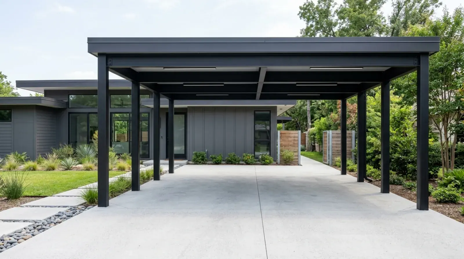 Steel carport frame with columns and roof structure sheltering parking stalls at a Vancouver residential property