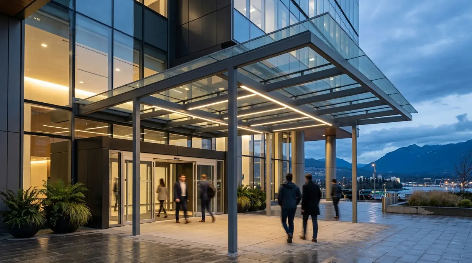 Steel-framed commercial entrance canopy with glass cladding over the main doors of a Metro Vancouver office building