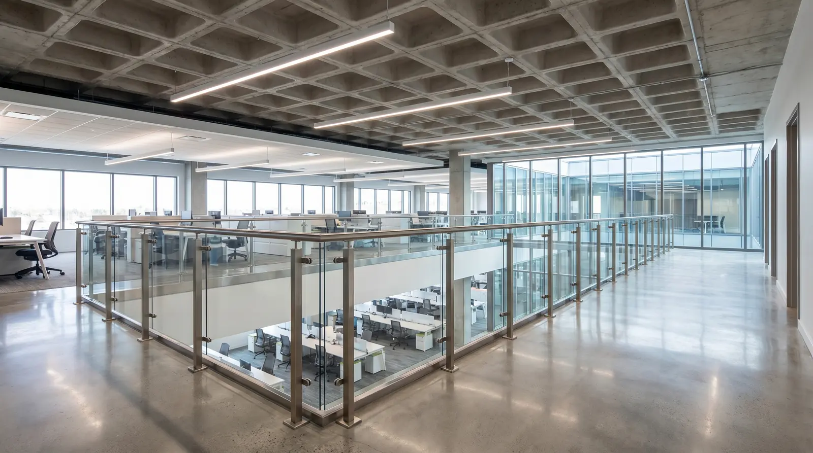 Modern commercial building interior with glass and stainless steel mezzanine railing system