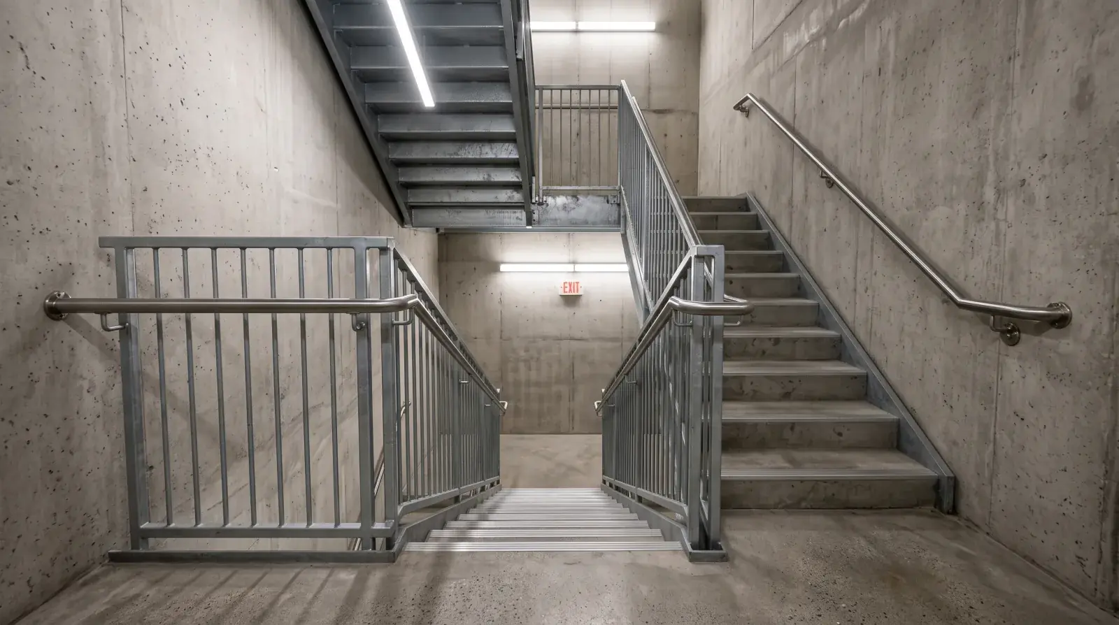 Modern galvanized steel egress stair with graspable round handrails on both sides in a concrete Vancouver stairwell