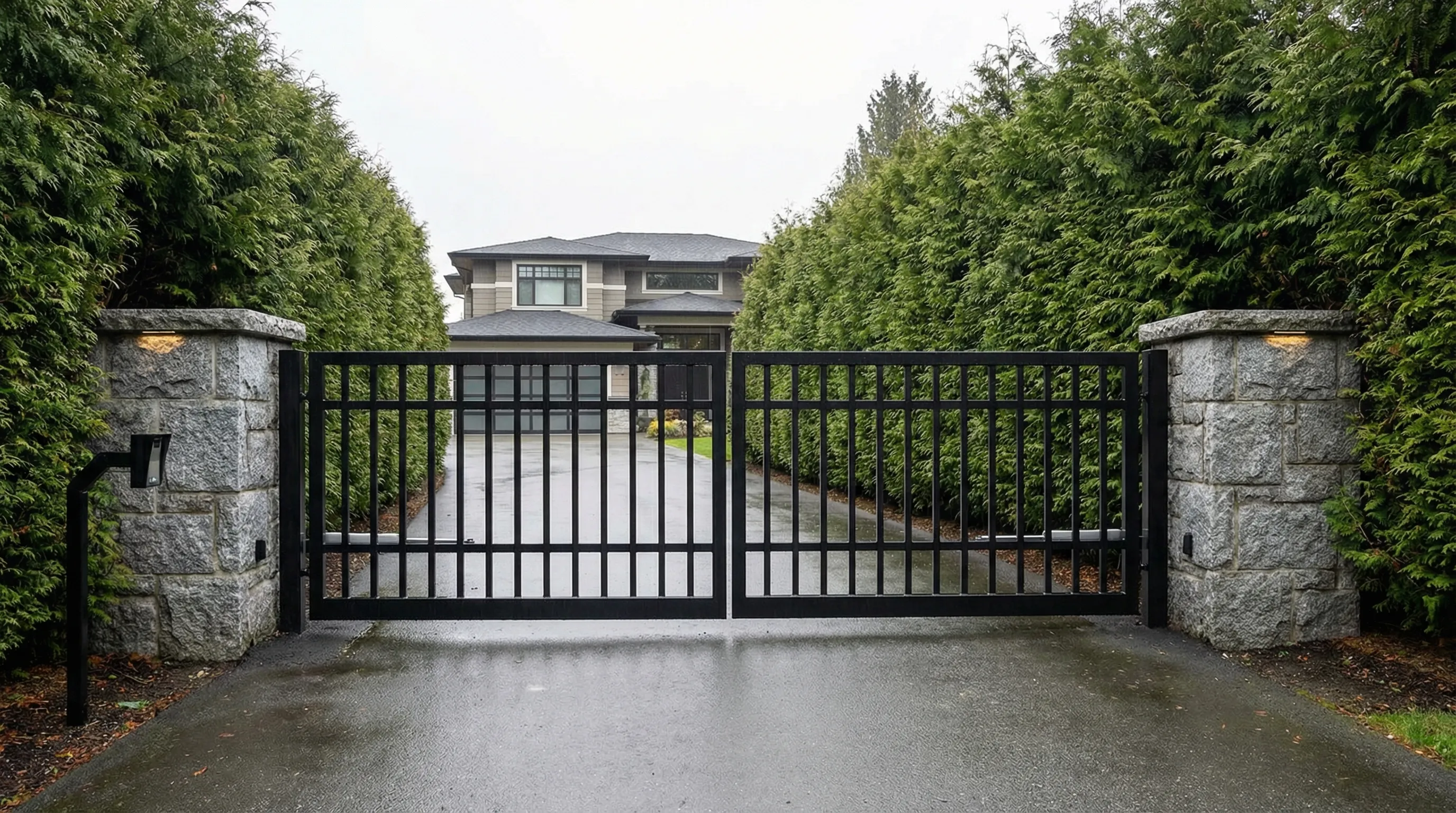 Custom black steel double swing driveway gate on granite pillars at a West Vancouver home
