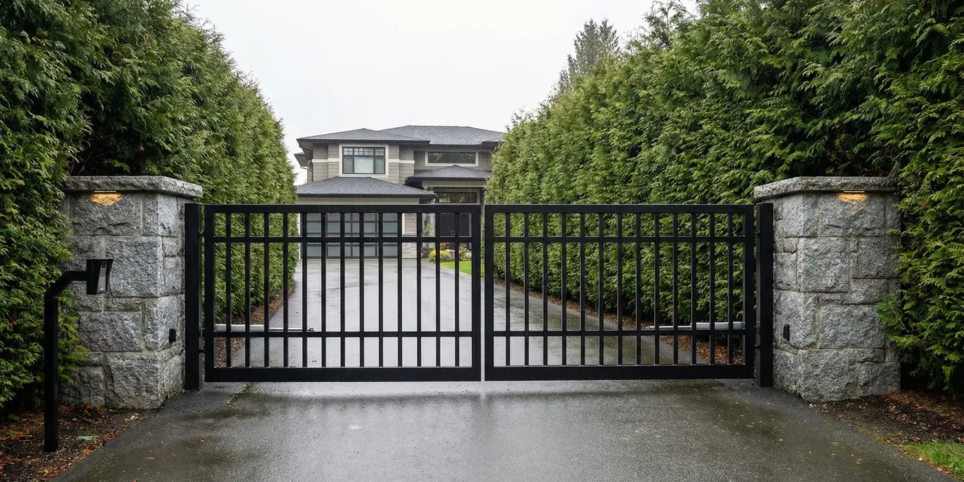 Custom steel driveway gate with automated swing operator installed by Jeff and Simon Ironworks at a Metro Vancouver residence