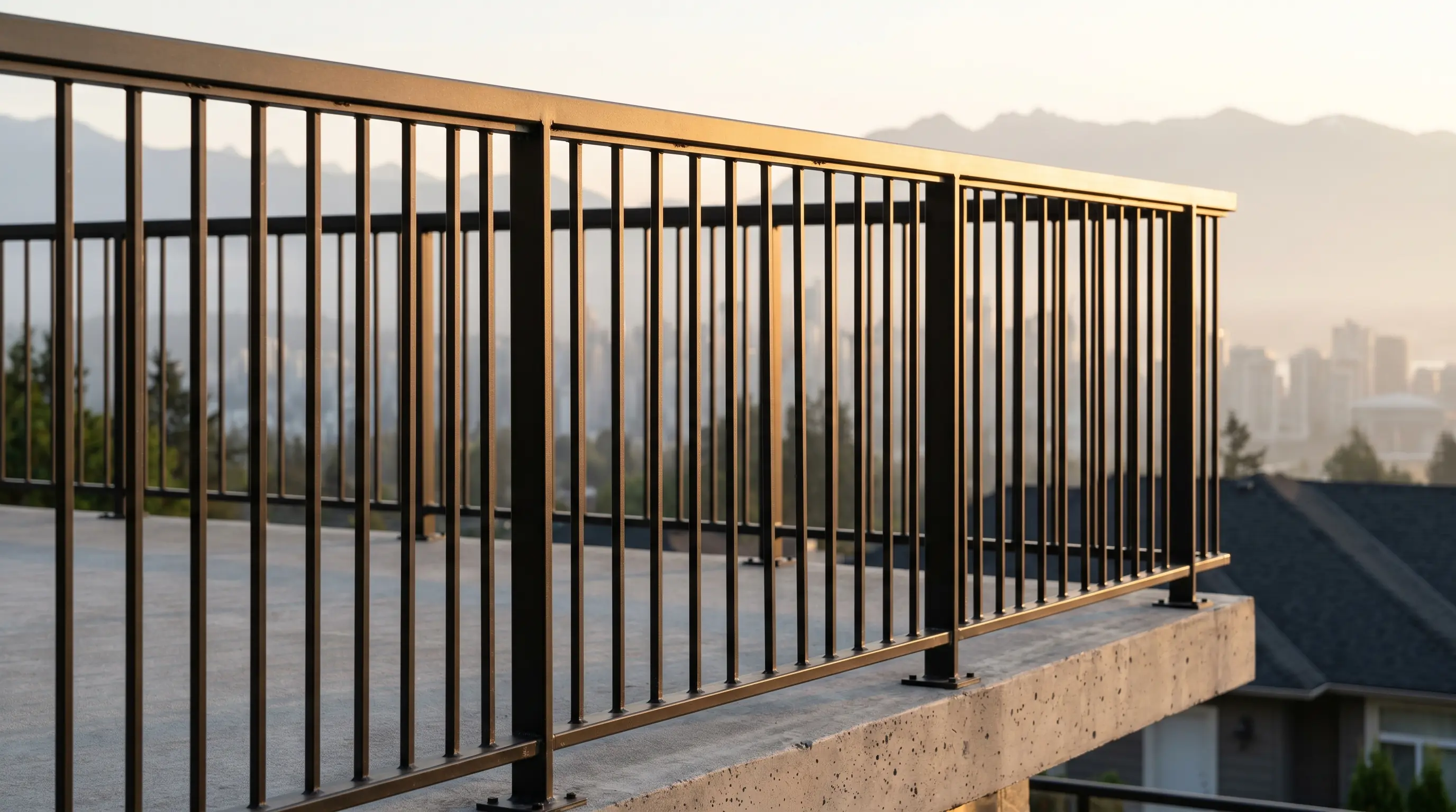 Custom black powder-coated steel guard railing with thin vertical pickets on a contemporary Metro Vancouver concrete deck, North Shore mountains in the distance at golden hour