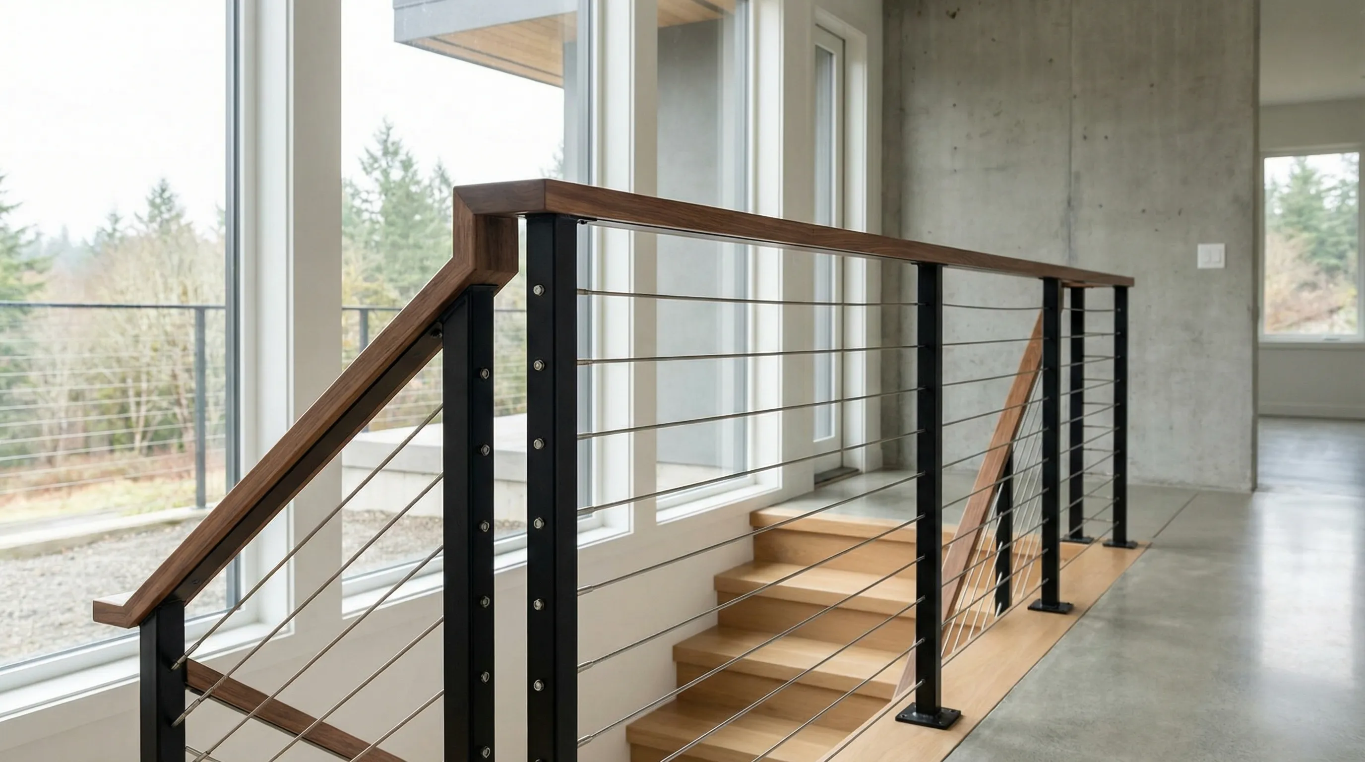 Custom cable railing with wood handrail cap on a residential staircase in a modern Vancouver home
