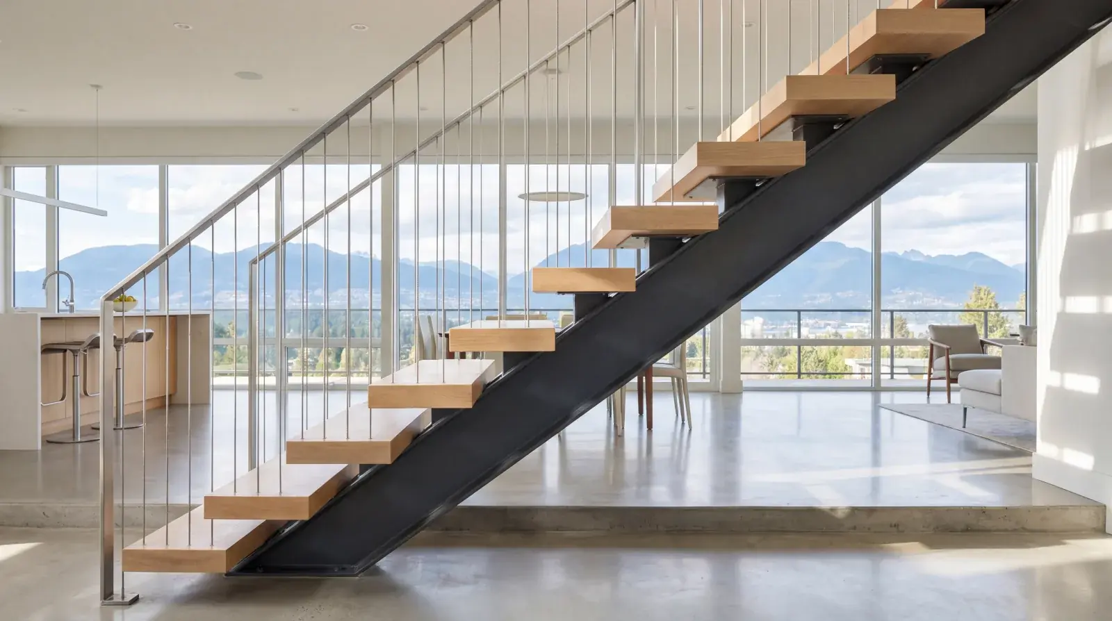 Mono stringer staircase with white oak treads and black powder-coated steel in a modern Burnaby custom home