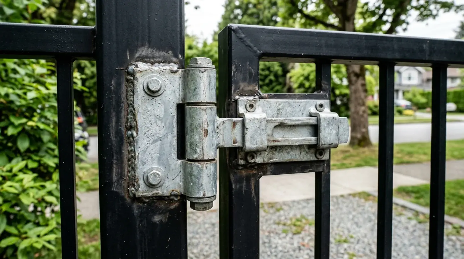 Heavy weld-on barrel hinge and self-latching mechanism on a custom steel driveway gate in Vancouver