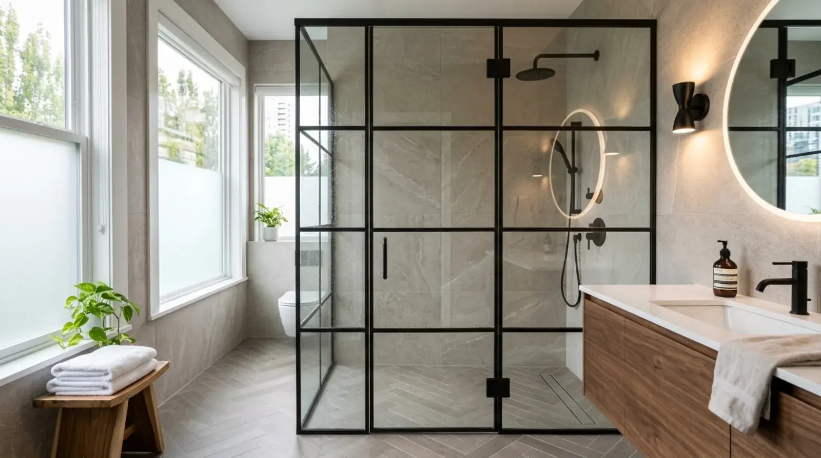 Slim black steel-framed glass shower screen with clear tempered glass and a hinged door in a modern Vancouver bathroom