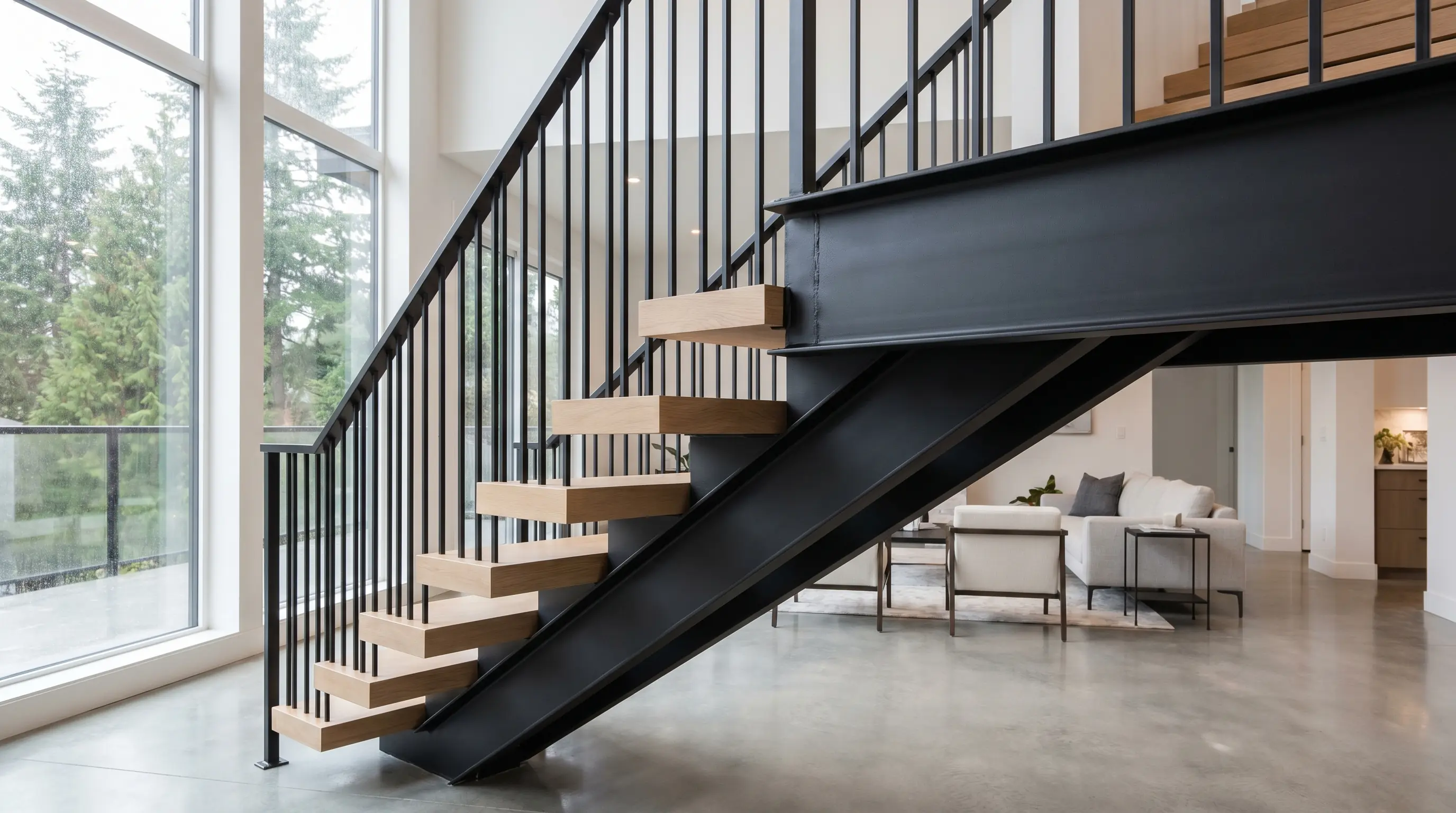 Custom steel mono stringer staircase with white-oak hardwood treads, matte-black powder-coated central beam, and thin black steel pickets in a contemporary Metro Vancouver luxury home interior with floor-to-ceiling windows and polished concrete floors