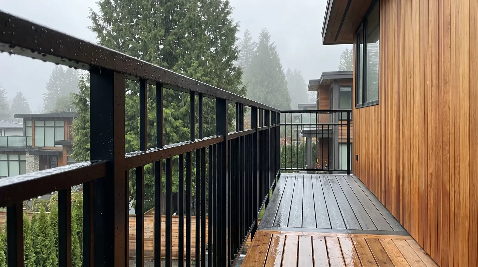 New powder-coated black steel deck railing with simple vertical pickets on a second-storey rear deck of a Metro Vancouver cedar-clad home