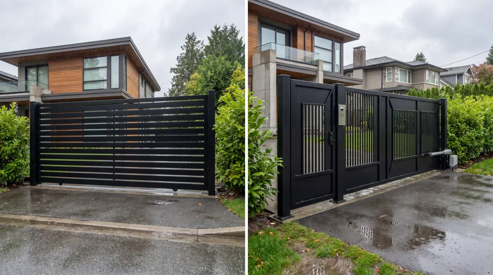 Custom automated steel driveway gate on a Vancouver residential property