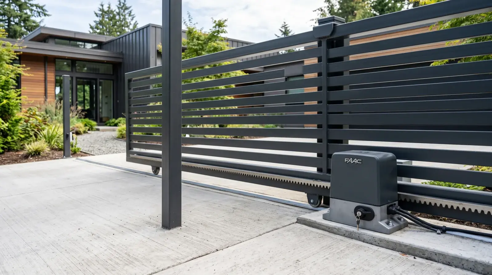 Slide gate operator with a toothed drive rack along the bottom of a modern dark steel driveway gate at a Vancouver home