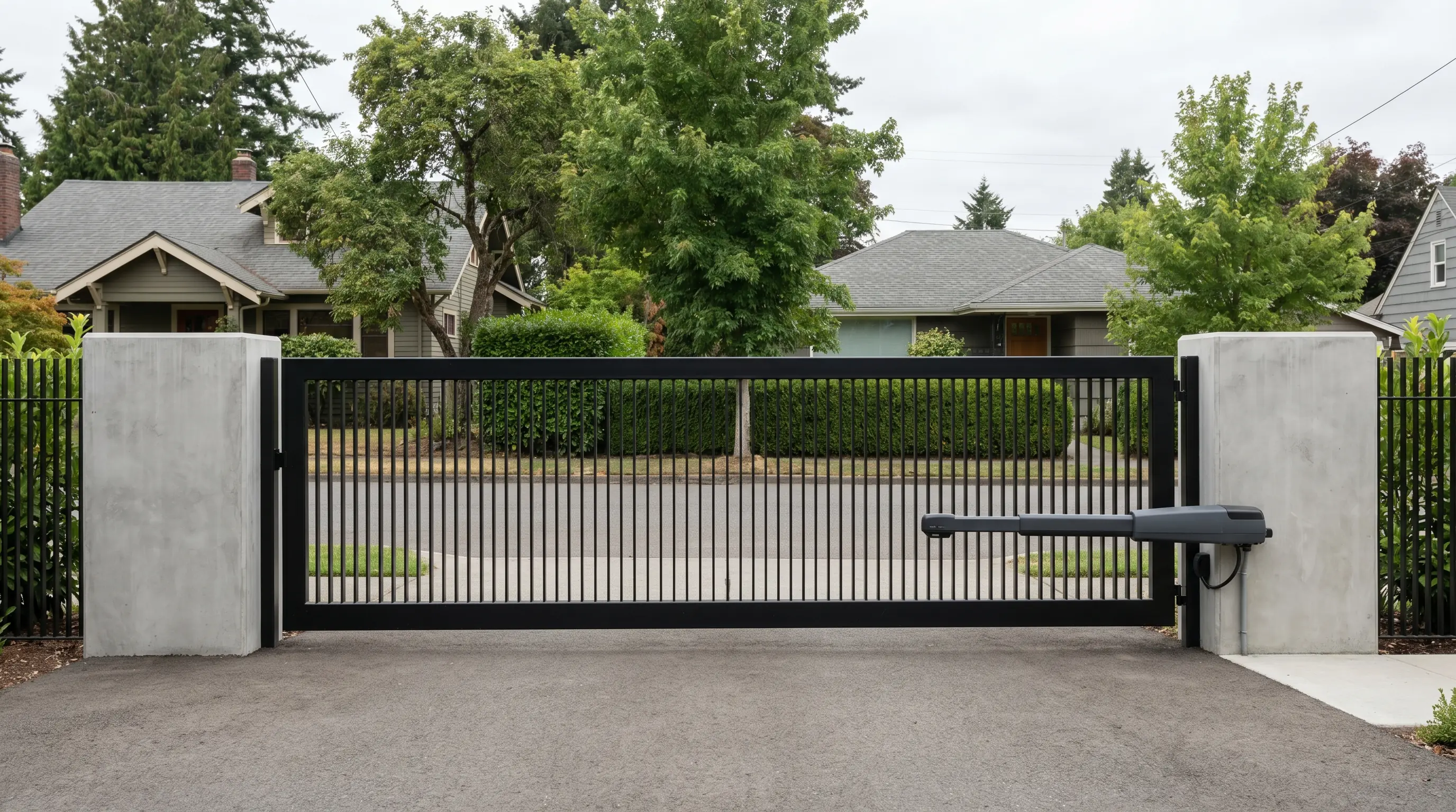 Modern matte-black steel single-leaf cantilever swing driveway gate with vertical pickets and automated swing-arm operator at the entrance to a flat residential lot in a Burnaby Heights character neighbourhood, mid-morning Pacific Northwest light