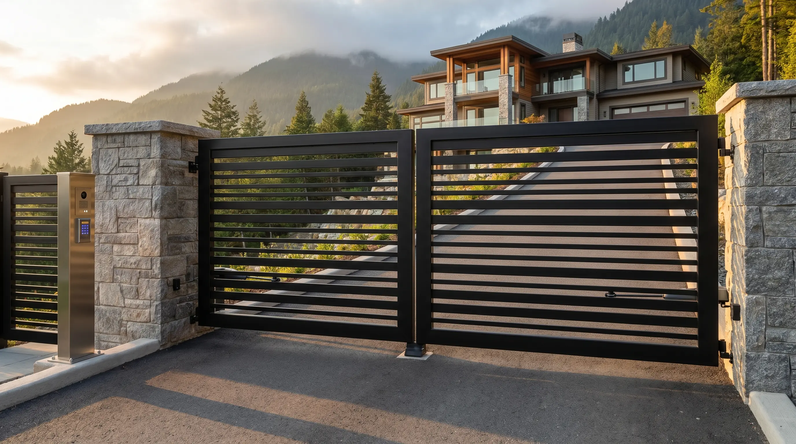 Modern matte-black steel double-swing automated driveway gate with horizontal slat infill at the entrance to a contemporary Coquitlam mountainside home, stone pillars and intercom pedestal, dusk light
