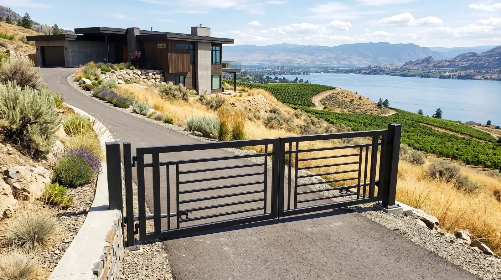 Modern dark steel driveway gate on a hillside Kelowna property overlooking Okanagan Lake and vineyards