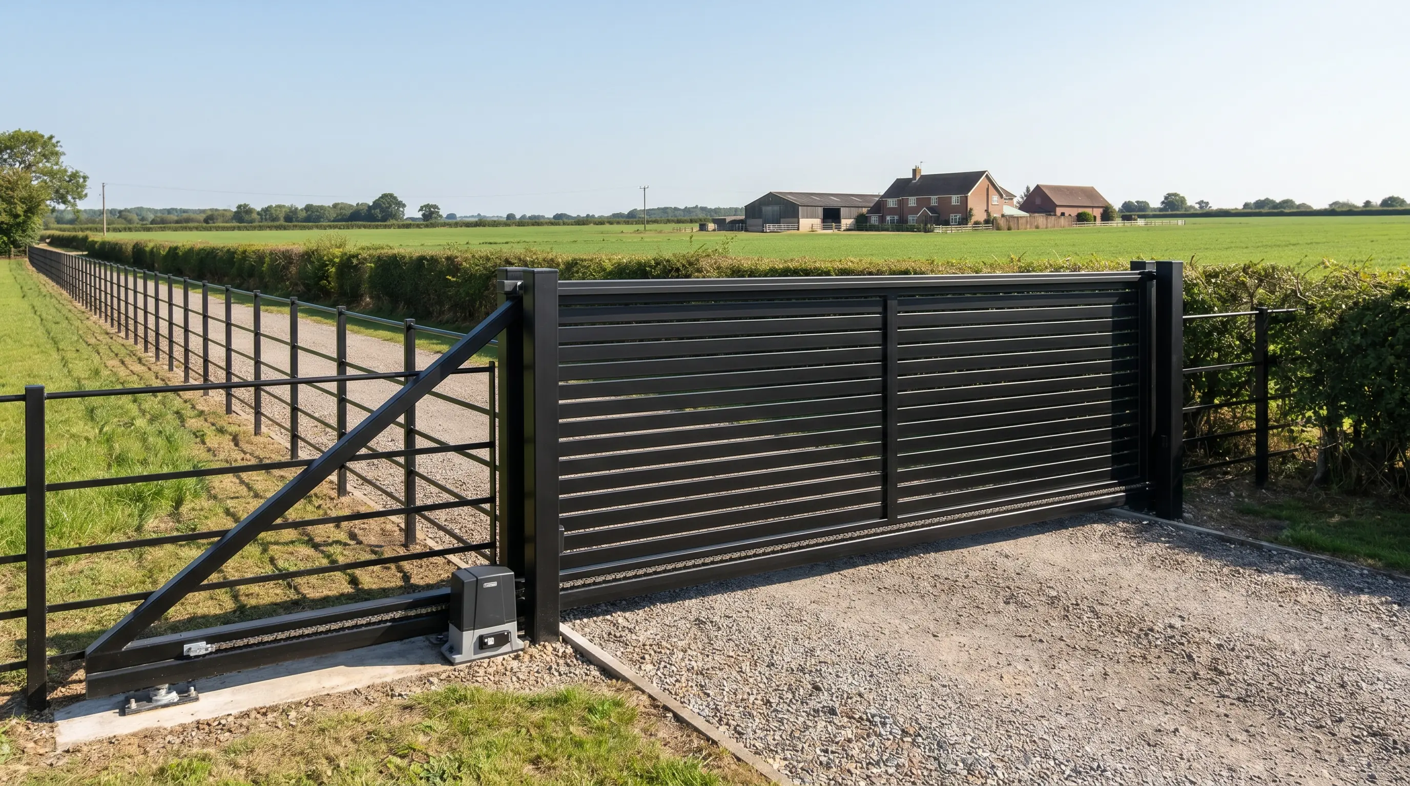 Modern matte-black powder-coated steel slide driveway gate with horizontal slat infill on a long rural Township of Langley fence line, gravel driveway leading toward a hobby farm in the distance, clear summer light