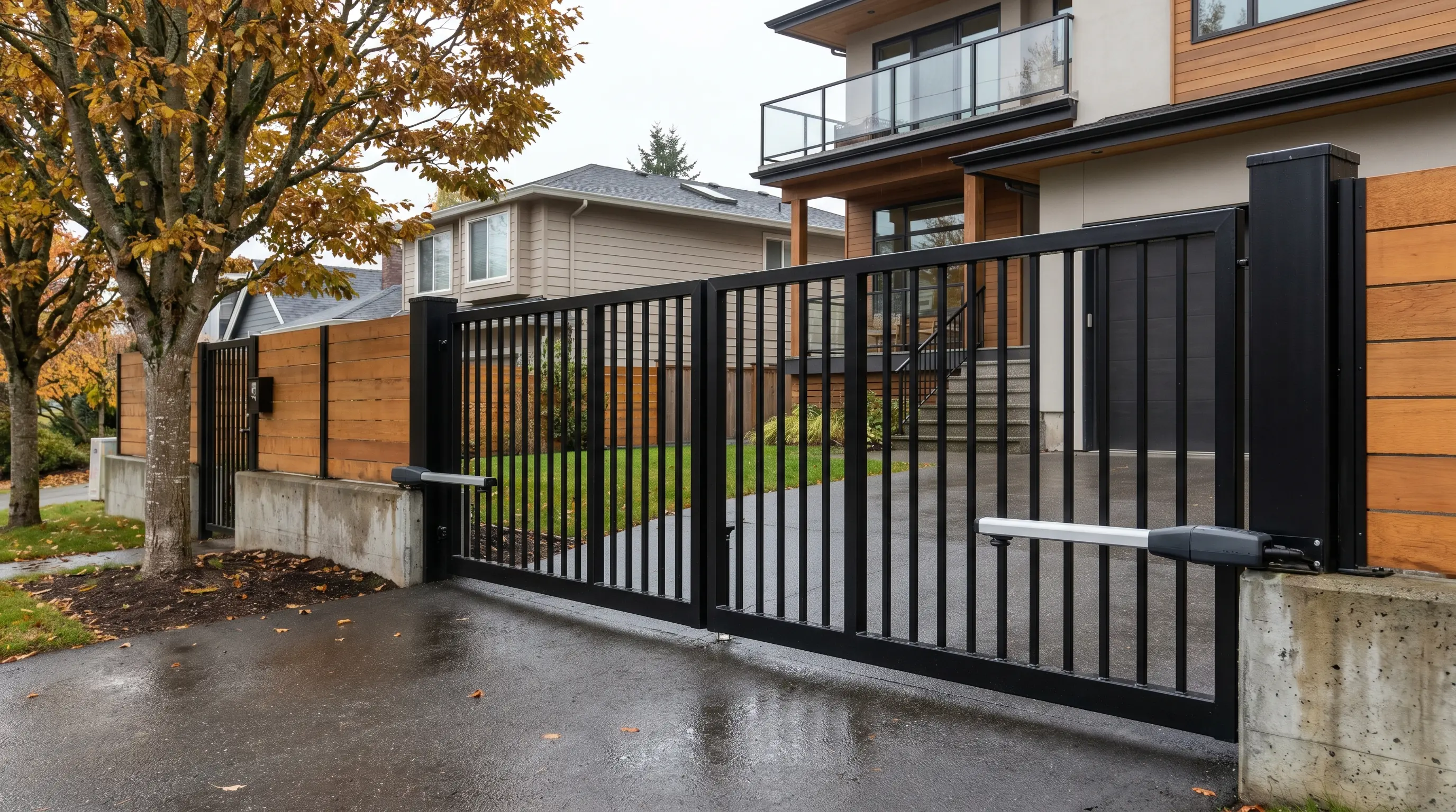 Modern matte-black powder-coated steel bi-folding swing driveway gate with vertical pickets and articulating-arm operators on a tight City of Vancouver West Side lot, contemporary cedar-clad home in background, damp asphalt