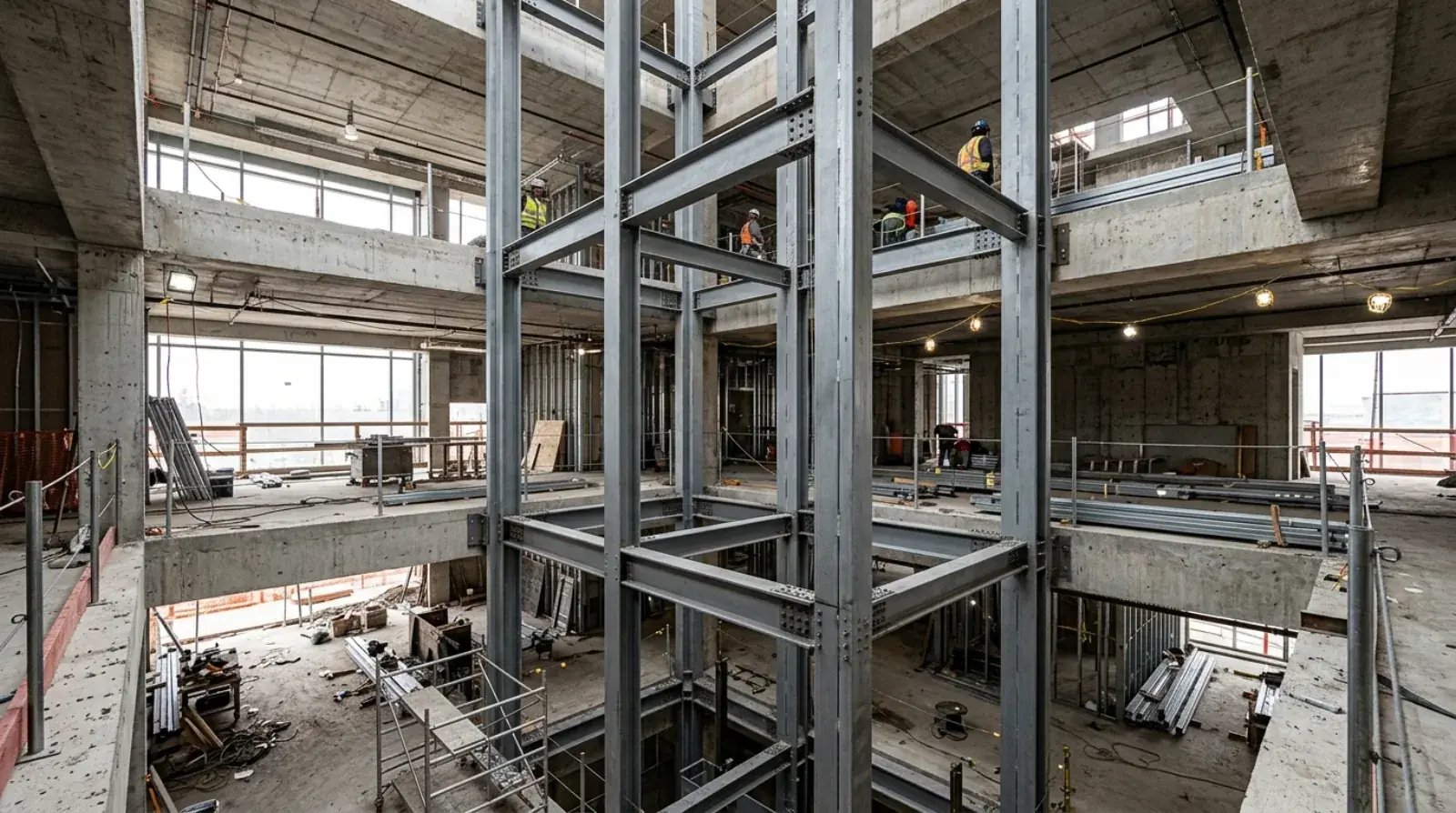 Custom structural steel elevator shaft framing with columns, beams, and rail support steel during erection in Vancouver, BC