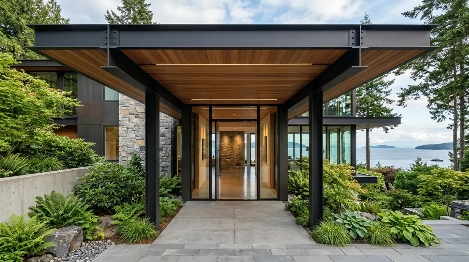 Exposed structural steel entrance canopy at a luxury residential home in West Vancouver, BC