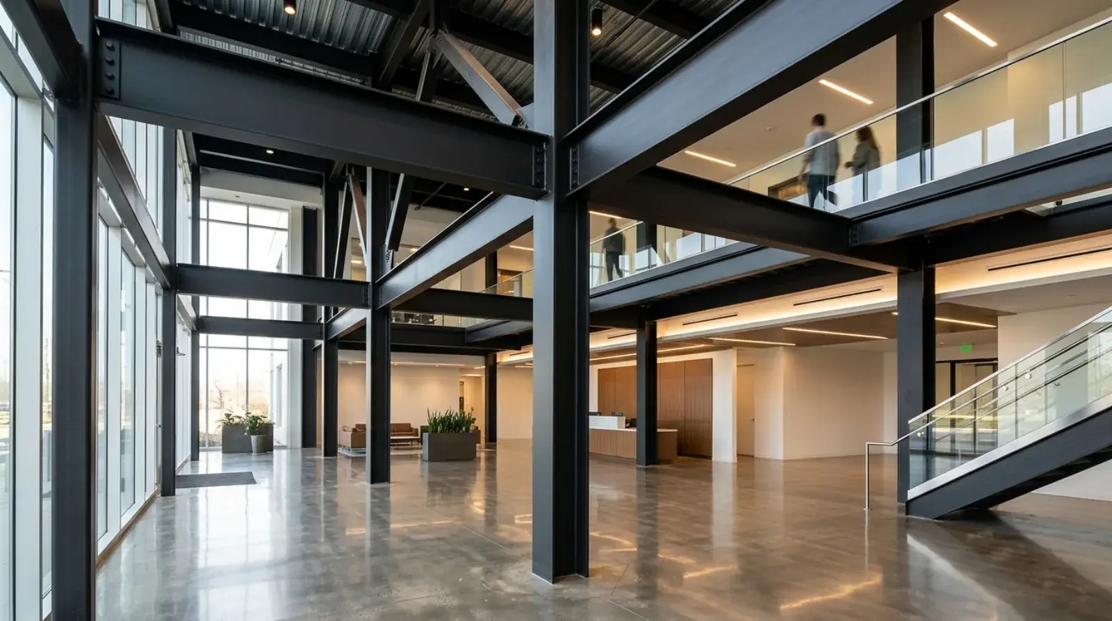 Exposed structural steel column and beam connection with ground welds in a Vancouver commercial lobby