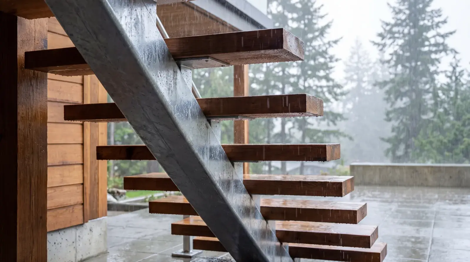 Hot-dip galvanized steel mono stringer staircase on an exterior deck with cedar treads and stainless cable railing in Vancouver