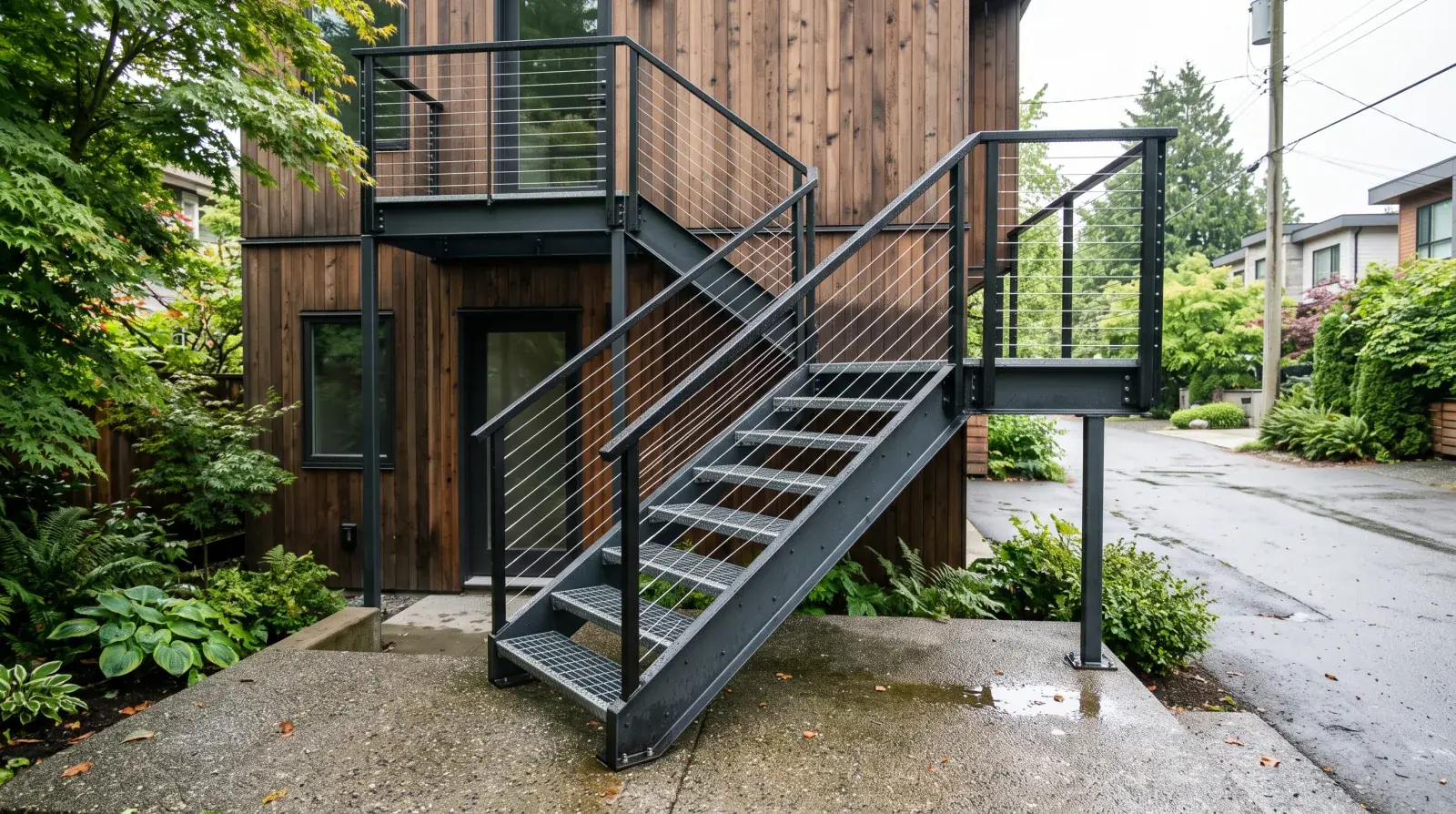 Modern galvanized steel switchback exterior stair with open grate treads and stainless cable railing on a laneway house in Vancouver