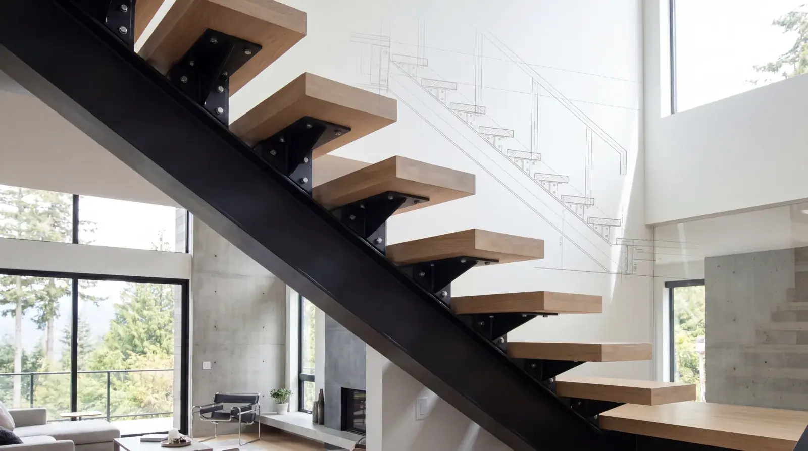Floating staircase with concealed steel structure and wood treads in a modern Vancouver home