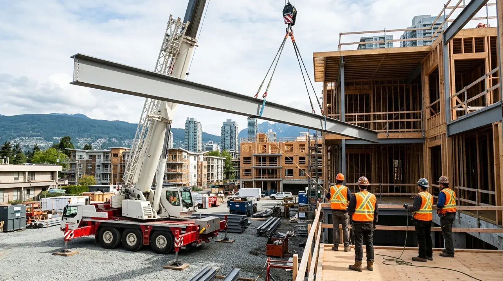 A 40 foot structural steel beam being lifted by crane into position on a Metro Vancouver construction site