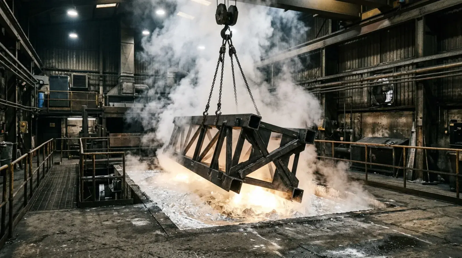 Freshly hot-dip galvanized structural steel beams with the matte grey spangle finish, racked outside a Metro Vancouver fabrication shop.