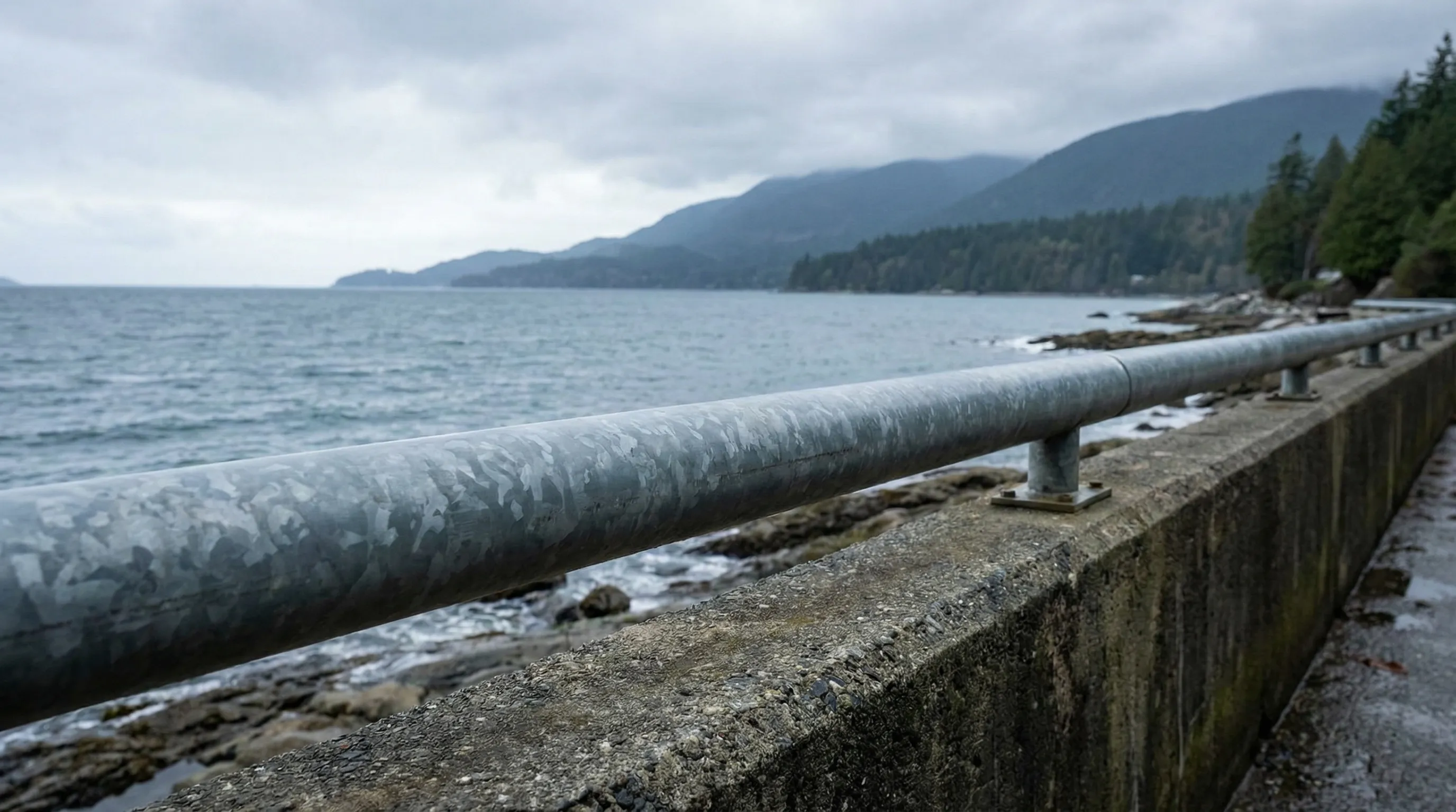 Hot-dip galvanized steel handrail along a West Vancouver seawall with the ocean and mountains beyond