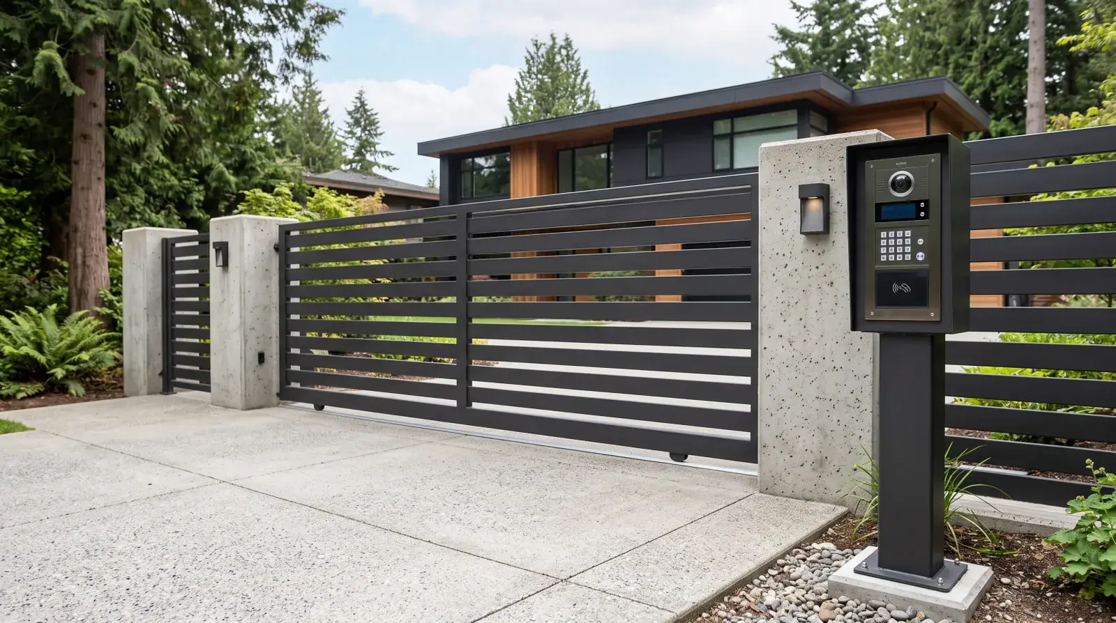 Steel access-control pedestal with a video intercom and keypad beside a modern dark steel driveway gate at a Vancouver home